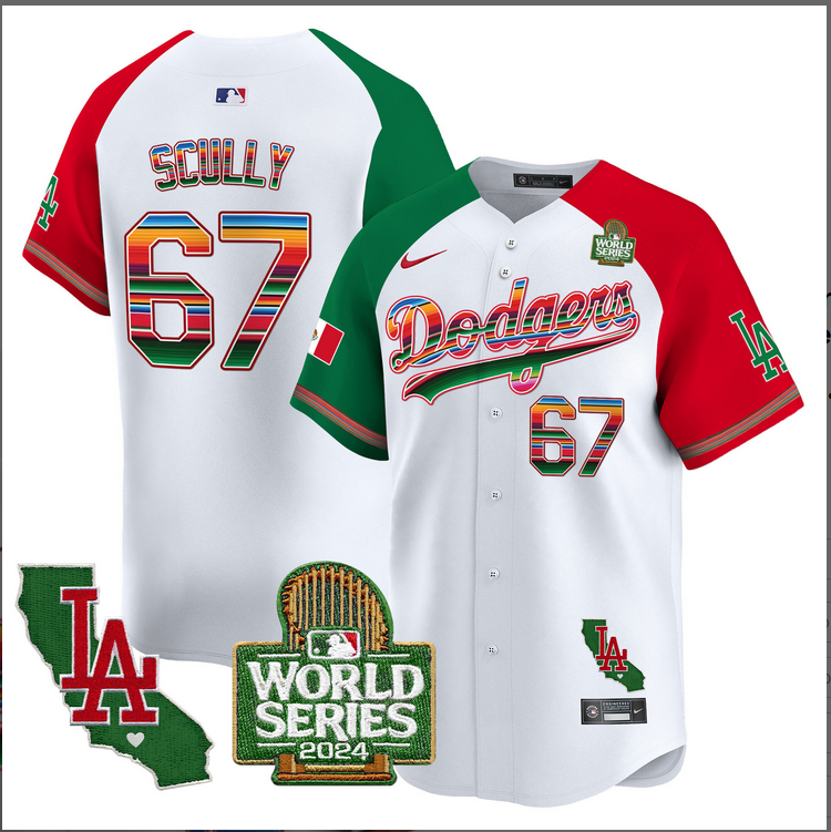 Men MLB Mexico Los Angeles Dodgers #67 Scully white 2024 World Series Champions Patch Jersey 2024110 style 2